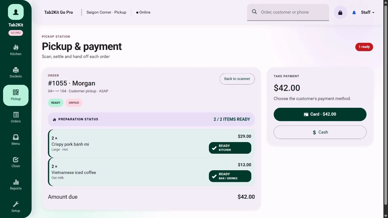 Tab2Kit Go Pro pickup and payment workflow showing order preparation and payment status